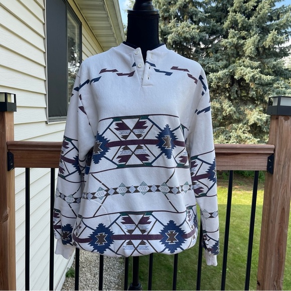 VTG 90’s Native Southwestern Aztec Sweatshirt Button Pullover Mens Large - Picture 1 of 15